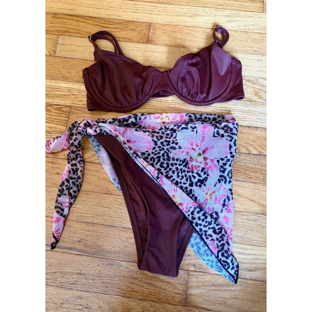 Rich brown bikini set with mesh animal print coverup